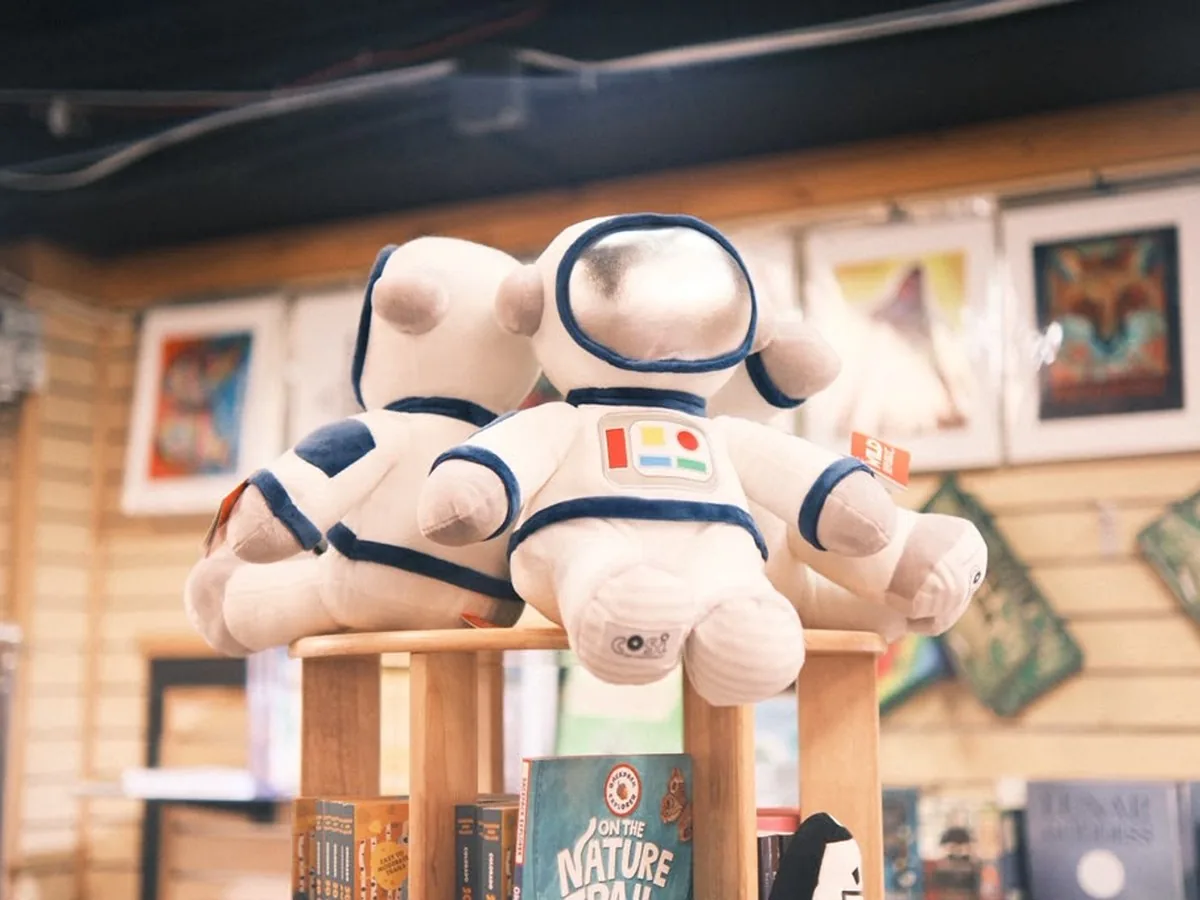 Plush toys and books on gift shop display shelves