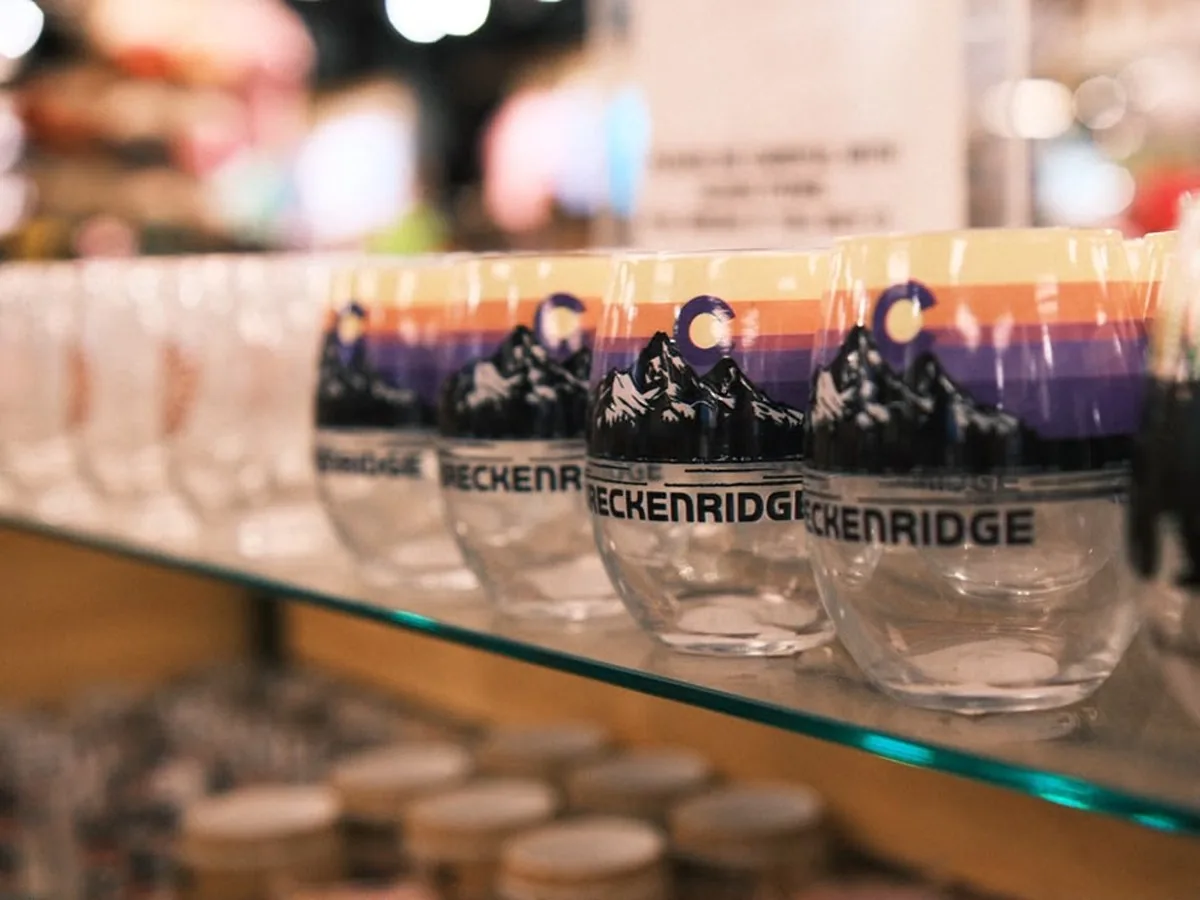 Breckenridge-branded stemless glasses on a store shelf